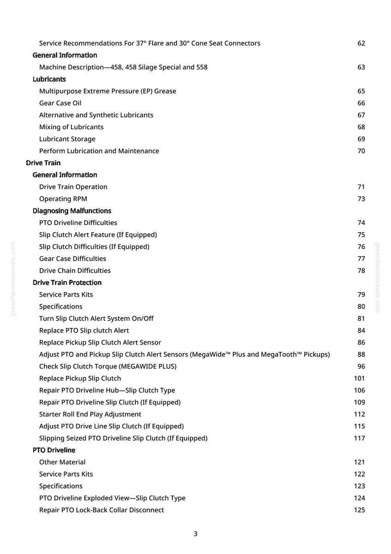 Puede incluir: Un &iacute;ndice detallado de un manual, que enumera las recomendaciones de servicio, la informaci&oacute;n general, los lubricantes, la transmisi&oacute;n y los temas de la toma de fuerza. El texto es negro sobre un fondo blanco.