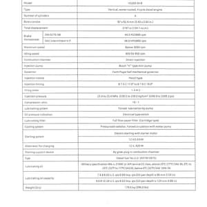 Puede incluir: Hoja de especificaciones detallada para un motor di&eacute;sel V2203-DI-B, incluyendo modelo, tipo, n&uacute;mero de cilindros, di&aacute;metro x carrera (87 x 92,4 mm) y potencia. Tambi&eacute;n enumera combustible, aceite lubricante y peso (179,6 kg).