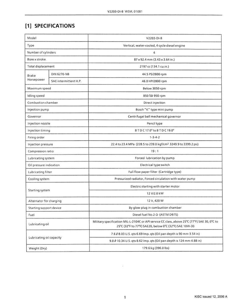 Puede incluir: Hoja de especificaciones detallada para un motor di&eacute;sel V2203-DI-B, incluyendo modelo, tipo, n&uacute;mero de cilindros, di&aacute;metro x carrera (87 x 92,4 mm) y potencia. Tambi&eacute;n enumera combustible, aceite lubricante y peso (179,6 kg).