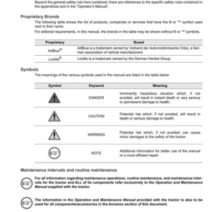 May include: A page from a manual for ARGO tractors, featuring an introduction, proprietary brands, and safety symbols. The manual includes information on maintenance and safety guidelines for tractor operation and repair.