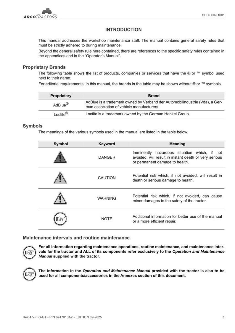 May include: A page from a manual for ARGO tractors, featuring an introduction, proprietary brands, and safety symbols. The manual includes information on maintenance and safety guidelines for tractor operation and repair.