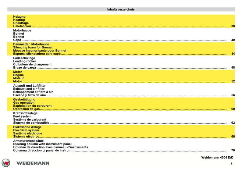 Puede incluir: Una p&aacute;gina del manual Weidemann 4004 D/D, con un &iacute;ndice de contenido amarillo y blanco. El texto incluye t&eacute;rminos como "Calefacci&oacute;n", "Motor" y "Sistema de combustible". El logotipo de Weidemann est&aacute; en la parte inferior.