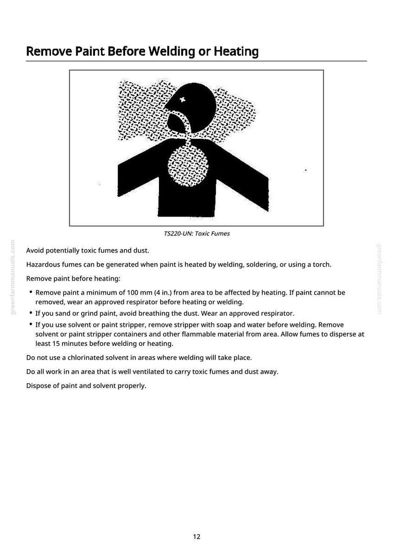 May include: A safety sign with the text "Remove Paint Before Welding or Heating" and a graphic of a person emitting fumes. The sign warns about toxic fumes and dust, with instructions for safe practices.