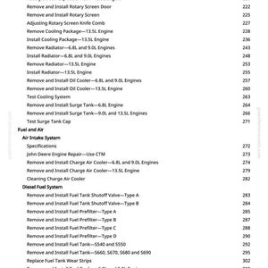 May include: A white-background page from a manual with a list of engine repair procedures. The text includes instructions for removing and installing various engine components, such as radiators, coolers, and fuel tanks.