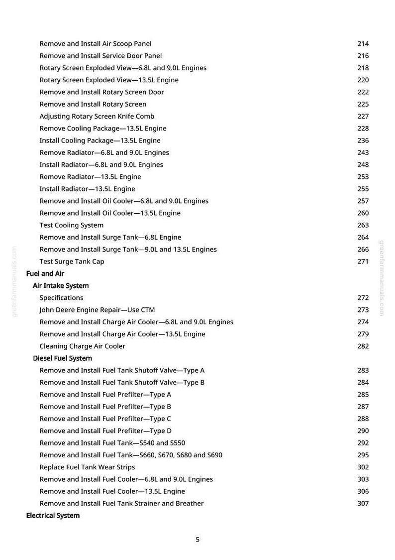 May include: A white-background page from a manual with a list of engine repair procedures. The text includes instructions for removing and installing various engine components, such as radiators, coolers, and fuel tanks.
