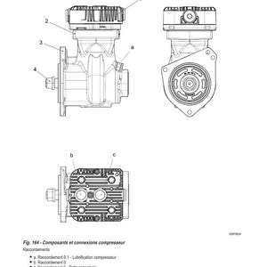 May include: Technical diagram of a compressor, featuring multiple views and detailed component labels. The diagram includes side, front, and top views, with labels for key parts like the cylinder and command shaft.