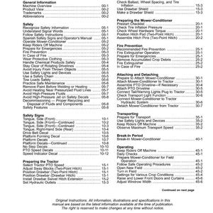 May include: A detailed table of contents from a manual, listing safety, operation, and maintenance topics. The page numbers are listed on the right. The text includes "Safety Signs," "Fire Prevention," and "Preparing the Tractor."