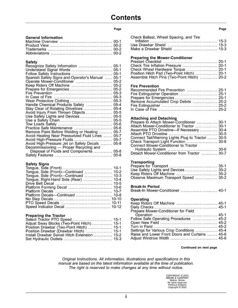 May include: A detailed table of contents from a manual, listing safety, operation, and maintenance topics. The page numbers are listed on the right. The text includes "Safety Signs," "Fire Prevention," and "Preparing the Tractor."