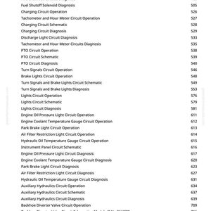 May include: A white page with a list of technical terms and corresponding page numbers. The terms include "Engine Run/Stop Circuit Operation," "Charging Circuit Diagnosis," and "Backhoe Diverter Valve Circuit Operation."