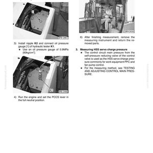 K&ouml;nnte beinhalten: Diagramme und Anweisungen zum Testen und Einstellen des HSS-&Ouml;ldrucks. Enth&auml;lt Bilder von Motorkomponenten, einem Hydrauliktester und Textanweisungen. Der Text enth&auml;lt Messungen in MPa und kg/cm&sup2;.