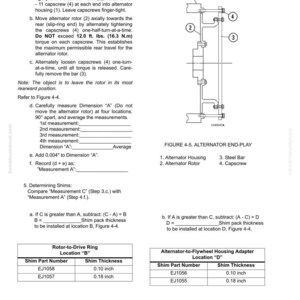 May include: Diagram of an alternator end-play, with labeled components including the alternator housing, rotor, steel bar, and capscrews. Instructions and measurements are also included, with a table showing shim part numbers and thicknesses.