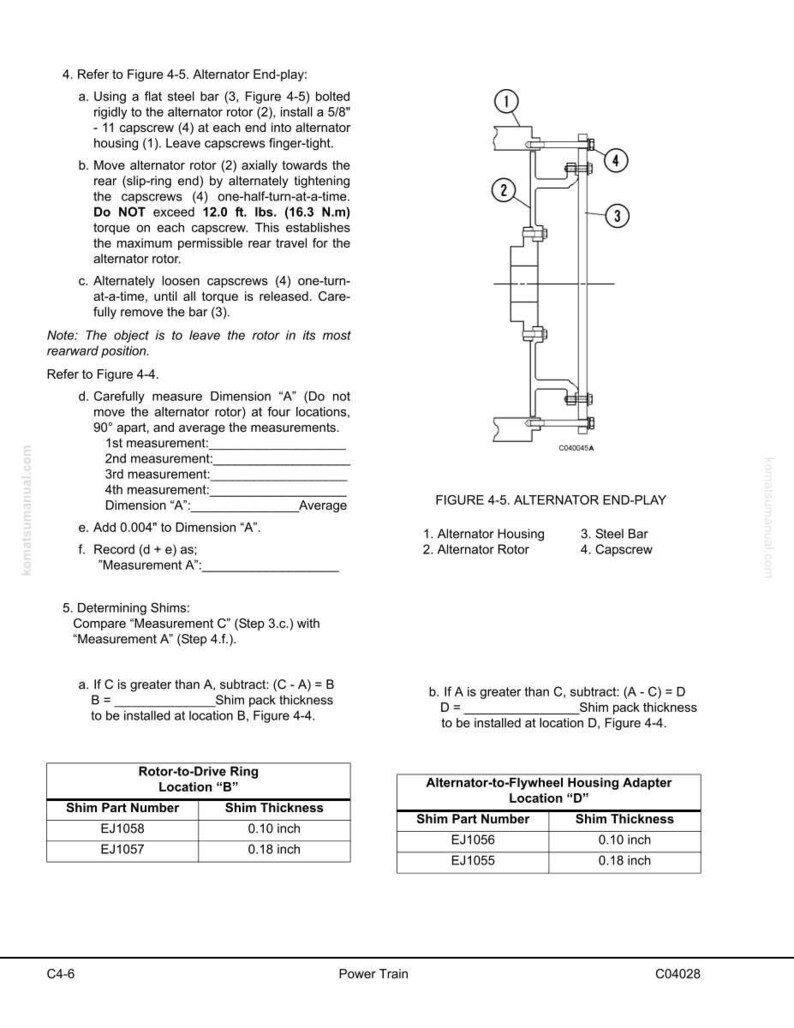 May include: Diagram of an alternator end-play, with labeled components including the alternator housing, rotor, steel bar, and capscrews. Instructions and measurements are also included, with a table showing shim part numbers and thicknesses.