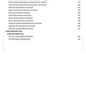 Może przedstawiać: Biała strona z listą procedur technicznych, w tym "Control Valve Remove and Install" i "Hydraulic Oil Filter Manifold Remove and Install". Strona zawiera r&oacute;wnież "Dealer Fabricated Tools" i ich numery części. Numer strony to 6.