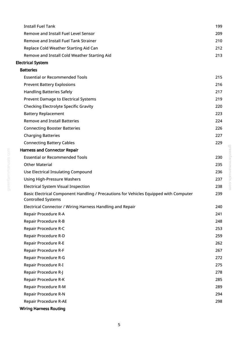 May include: A page from a manual with a table of contents. The text includes topics like "Install Fuel Tank," "Electrical System," and "Repair Procedure R-A" with corresponding page numbers.