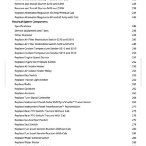 May include: A white page from a manual with a list of tractor parts and their corresponding page numbers. The text includes "Battery, Starter and Alternator" and "Electrical System Components."