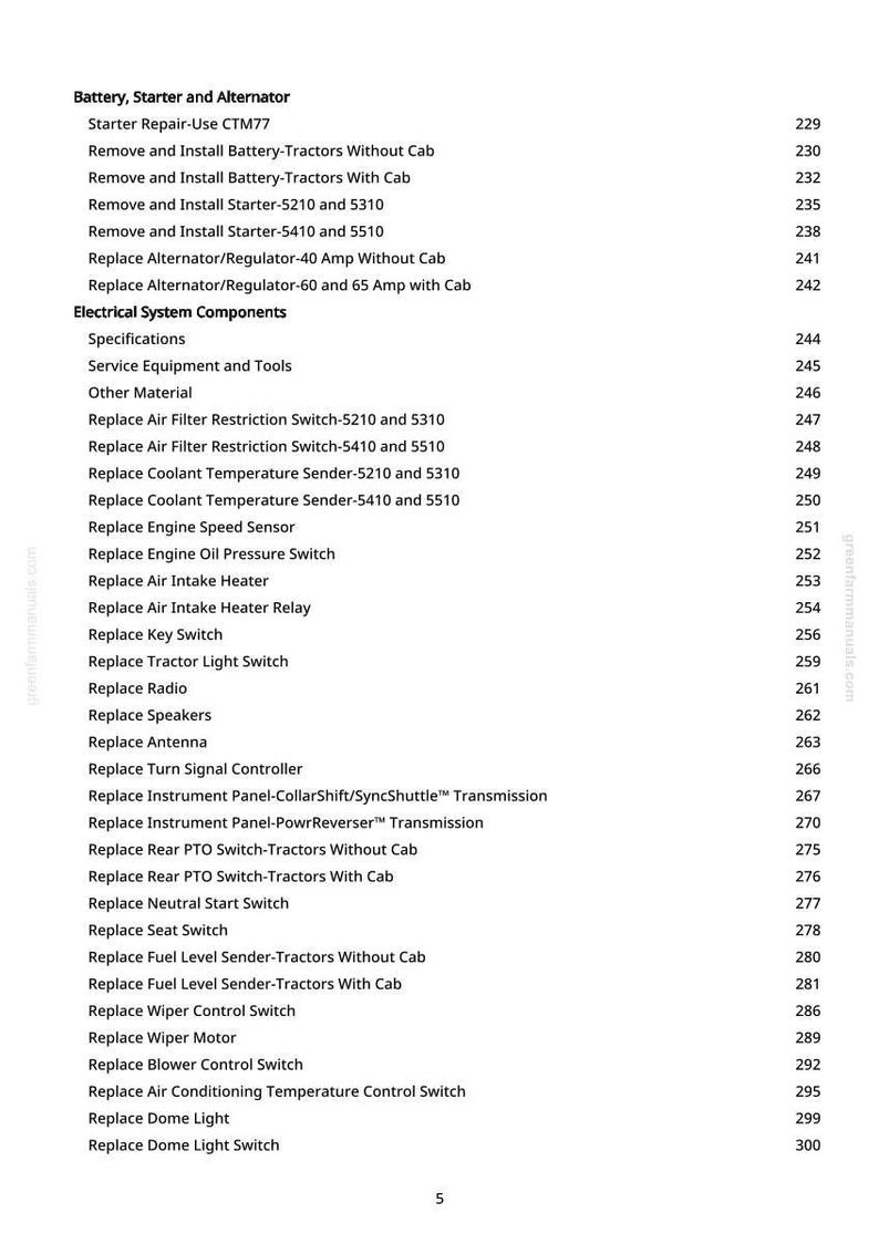 May include: A white page from a manual with a list of tractor parts and their corresponding page numbers. The text includes "Battery, Starter and Alternator" and "Electrical System Components."