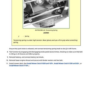 May include: Diagram of a mower component with a tensioning spring, labeled with the letter "J". The image includes a warning and instructions for maintenance, with text that reads "CAUTION:" and "Tensioning spring is under high tension."