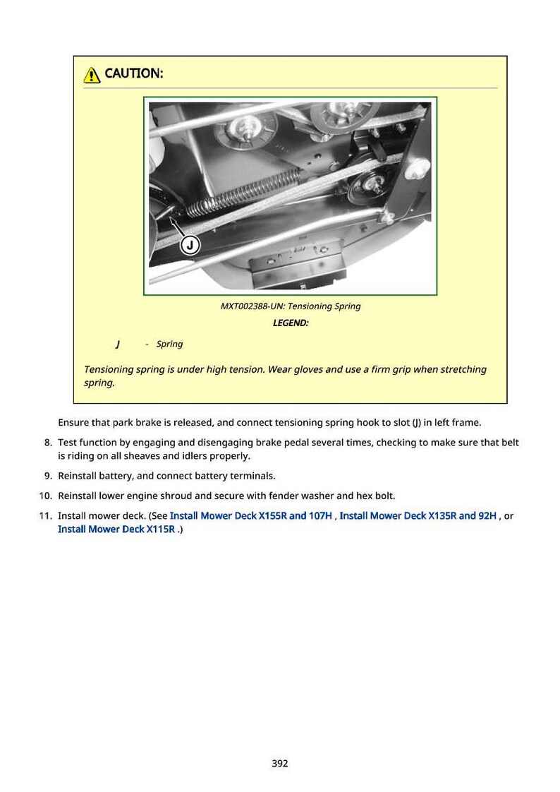 May include: Diagram of a mower component with a tensioning spring, labeled with the letter "J". The image includes a warning and instructions for maintenance, with text that reads "CAUTION:" and "Tensioning spring is under high tension."