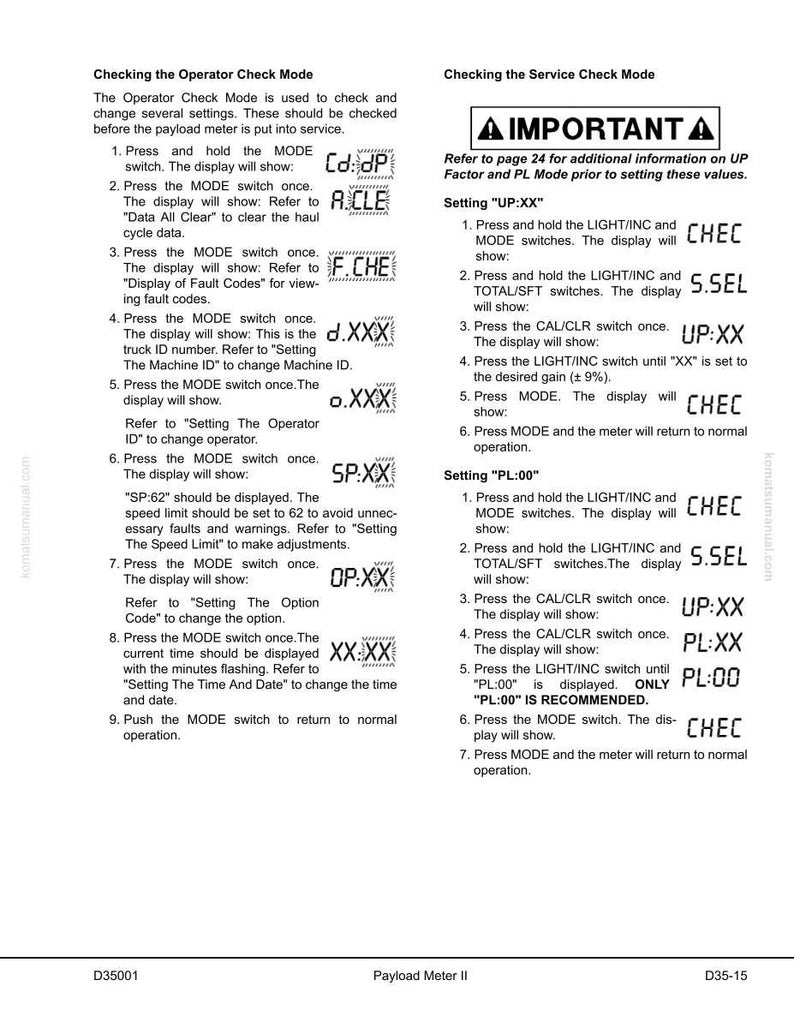 May include: A white and black technical manual page with instructions for checking the operator and service check modes on a payload meter. The page includes diagrams, text, and numerical values for setting various parameters.