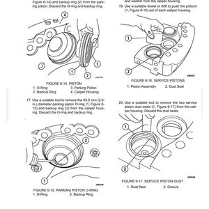 May include: Technical diagram of rear disc brake components, including pistons, O-rings, and dust seals. The image provides detailed instructions for disassembly and maintenance, with labeled parts and measurements in inches and millimeters.