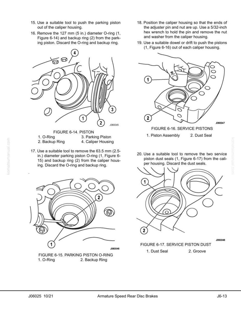 May include: Technical diagram of rear disc brake components, including pistons, O-rings, and dust seals. The image provides detailed instructions for disassembly and maintenance, with labeled parts and measurements in inches and millimeters.
