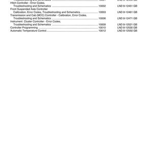 May include: A white page with the title "10 CONTROLLER SYSTEMS" and a list of topics including "Electrical Controllers," "Hitch Controller," and "Instrument Cluster Controller." Each topic has a corresponding code.