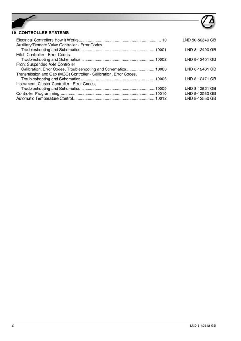 May include: A white page with the title "10 CONTROLLER SYSTEMS" and a list of topics including "Electrical Controllers," "Hitch Controller," and "Instrument Cluster Controller." Each topic has a corresponding code.