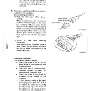 May include: Diagram of automotive connectors with instructions. Includes illustrations of disconnecting and connecting procedures, with labels like "Lock stopper" and part numbers. Text explains how to handle connectors.