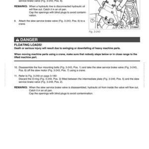 May include: Diagram from a manual showing the slew system of a machine. The diagram includes numbered parts, a warning about floating loads, and instructions for maintenance. Text includes "DANGER FLOATING LOADS!" and "Fig. 3-243".