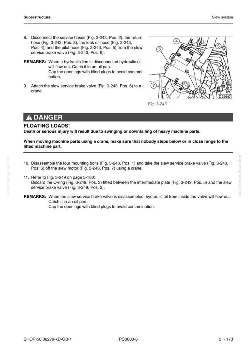 May include: Diagram from a manual showing the slew system of a machine. The diagram includes numbered parts, a warning about floating loads, and instructions for maintenance. Text includes "DANGER FLOATING LOADS!" and "Fig. 3-243".