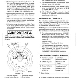 K&ouml;nnte beinhalten: Technische Zeichnung einer Antriebsleitungsadapter-D&auml;mpferbaugruppe mit nummerierten Komponenten und Anweisungen. Enth&auml;lt ein kreisf&ouml;rmiges Diagramm mit beschrifteten Teilen und eine Tabelle mit empfohlenen Schmiermitteln.