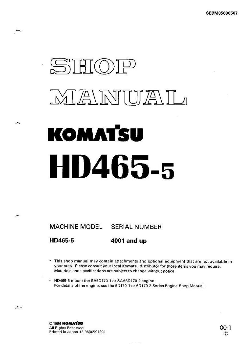 May include: A white shop manual with the text "SHOP MANUAL KOMATSU HD465-5". The manual includes the machine model HD465-5 and serial number 4001 and up. The manual is printed in Japan.
