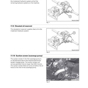 May include: Diagrams from a Fendt tractor manual. The images show detailed illustrations of hydraulic system components, including the common sump, elevated oil reservoir, and suction screen. The diagrams are labeled with numbers and technical information.