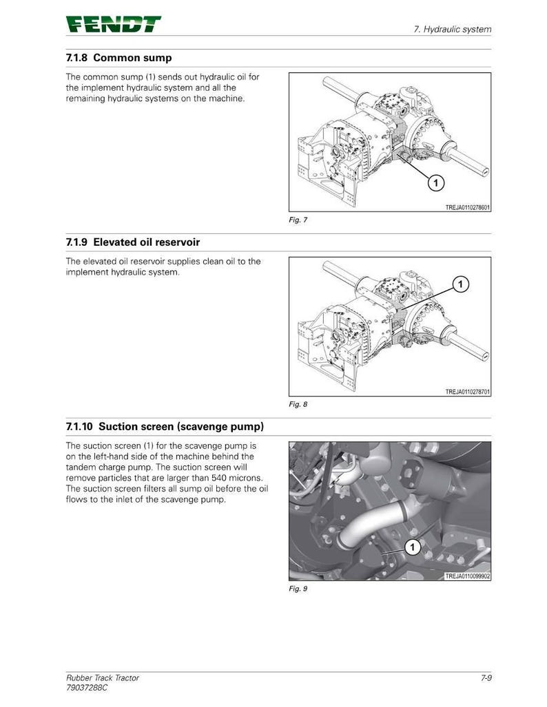 May include: Diagrams from a Fendt tractor manual. The images show detailed illustrations of hydraulic system components, including the common sump, elevated oil reservoir, and suction screen. The diagrams are labeled with numbers and technical information.