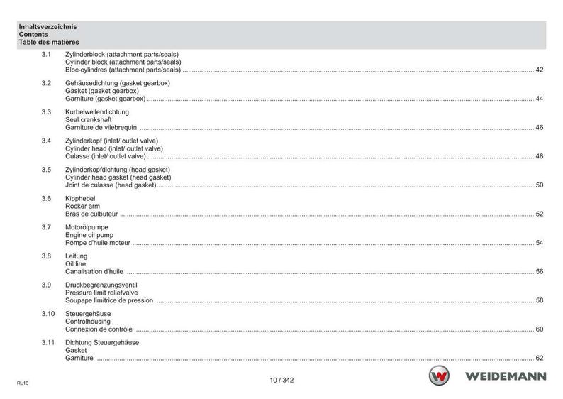 May include: A white page with a table of contents in German, English, and French. The table lists engine parts such as cylinder block, cylinder head, and oil pump. The Weidemann logo is in the bottom right corner.
