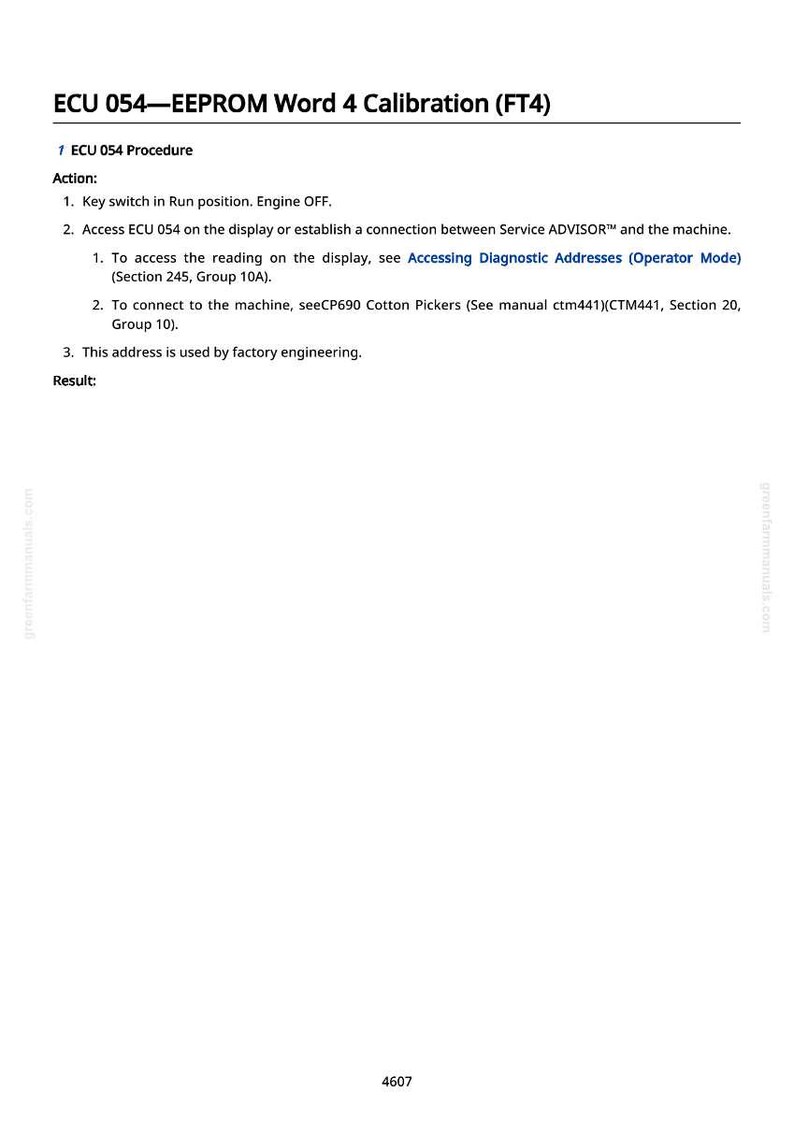 Może przedstawiać: Biała strona z czarnym tekstem szczeg&oacute;łowo opisującym procedurę kalibracji ECU 054-EEPROM Word 4 (FT4). Tekst zawiera instrukcje dotyczące dostępu do adres&oacute;w diagnostycznych i łączenia się z maszyną. Strona zawiera r&oacute;wnież numer 4607.
