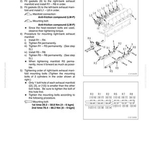 Peut inclure: Sch&eacute;ma technique d'un collecteur d'&eacute;chappement, avec instructions de montage et de d&eacute;montage. Inclut l'installation de supports, de joints et le serrage des boulons, avec des couples en Newton-m&egrave;tres et kilogramme-m&egrave;tres.