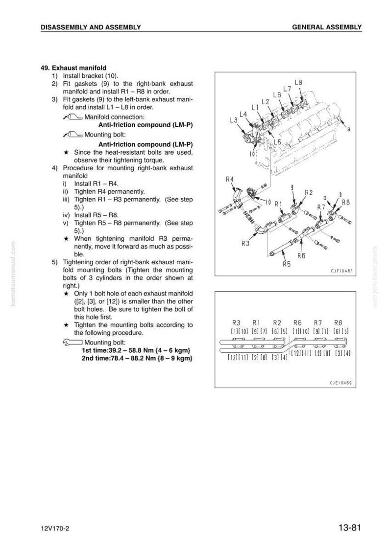 Peut inclure: Sch&eacute;ma technique d'un collecteur d'&eacute;chappement, avec instructions de montage et de d&eacute;montage. Inclut l'installation de supports, de joints et le serrage des boulons, avec des couples en Newton-m&egrave;tres et kilogramme-m&egrave;tres.