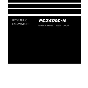 May include: A black and white Shop Manual cover. The text "Shop Manual" is at the top. Below, the text "HYDRAULIC EXCAVATOR" is on the left, and "PC240LC-10" is on the right. The Komatsu logo is at the bottom.