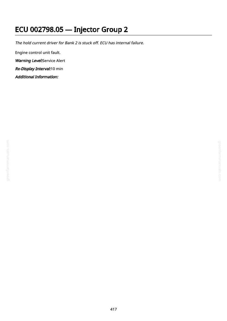 May include: A white page with the text "ECU 002798.05 - Injector Group 2" at the top. The text describes an engine control unit fault, service alert, and a re-display interval of 10 minutes. Additional information is requested.