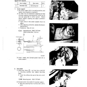 May include: A technical diagram titled "INSTALLATION OF CENTER SUPPORT" with detailed instructions and diagrams. The image includes part numbers, tool names, and diagrams of mechanical components, likely for automotive repair or maintenance.