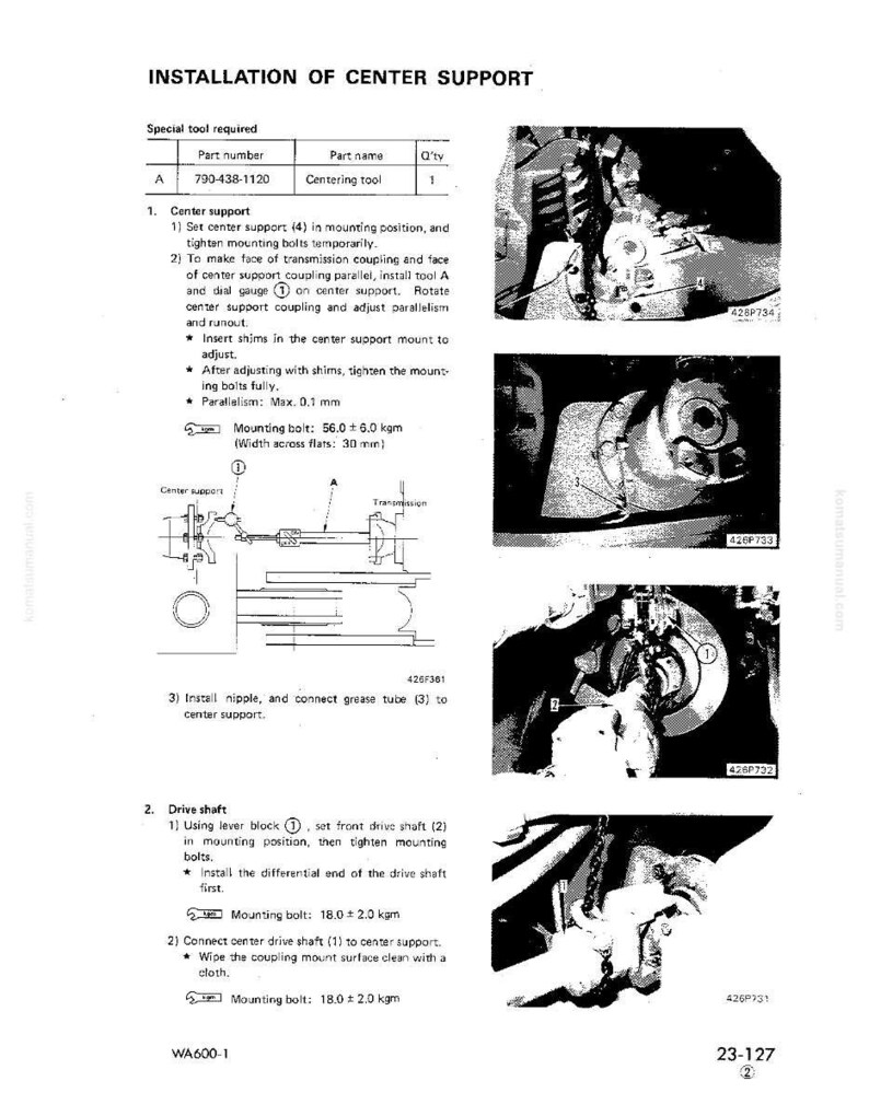 May include: A technical diagram titled "INSTALLATION OF CENTER SUPPORT" with detailed instructions and diagrams. The image includes part numbers, tool names, and diagrams of mechanical components, likely for automotive repair or maintenance.