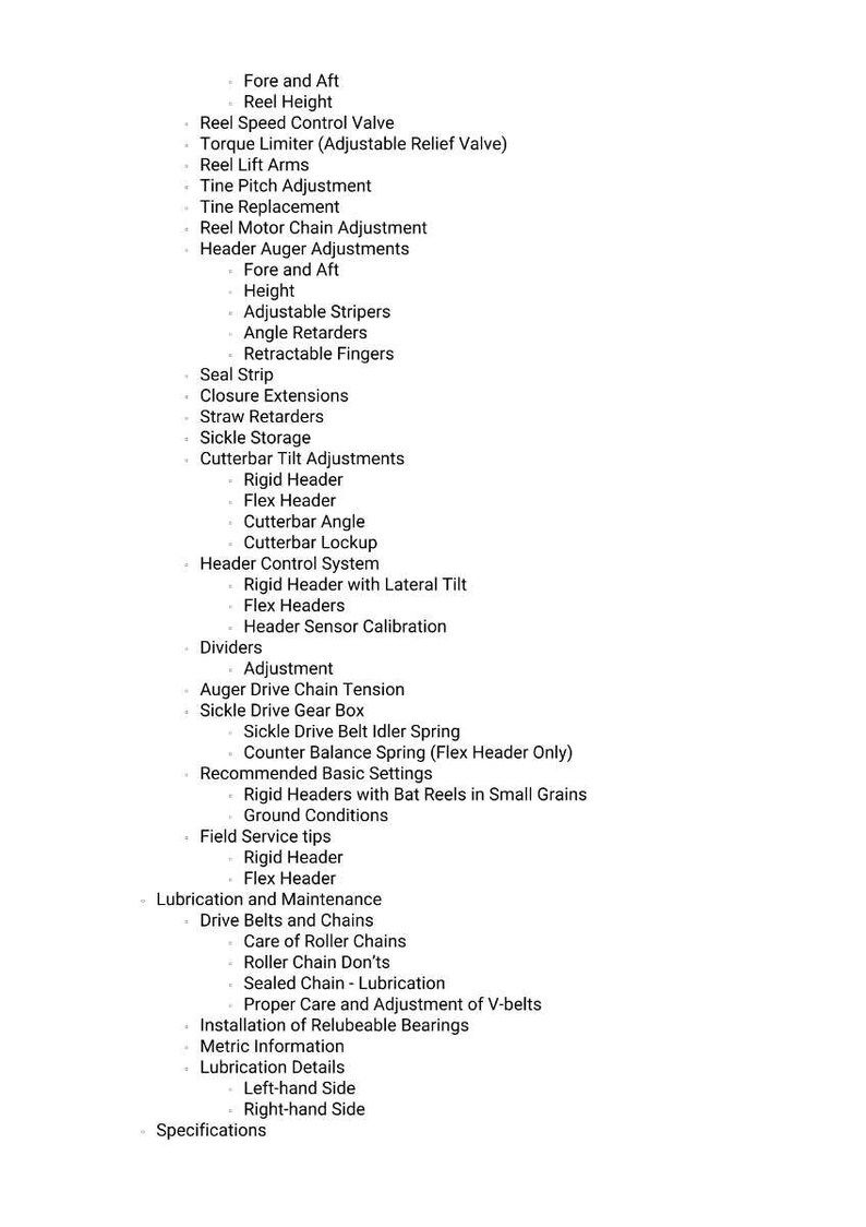May include: A detailed list of agricultural equipment maintenance and adjustment topics. The text includes sections on header adjustments, cutterbar settings, lubrication, and other technical specifications. The document is in black text on a white background.