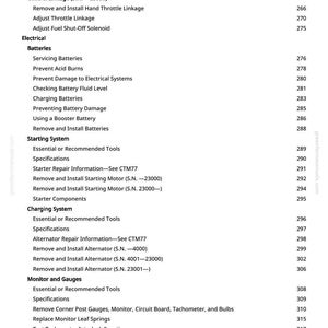 May include: A detailed contents page from a manual, listing repair and maintenance topics. Sections include fuel systems, electrical components, starting systems, charging systems, and gauges. Page numbers are listed next to each topic.