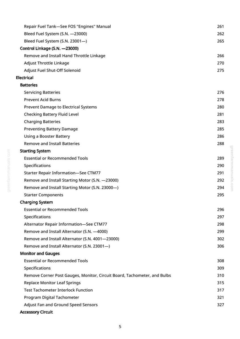 May include: A detailed contents page from a manual, listing repair and maintenance topics. Sections include fuel systems, electrical components, starting systems, charging systems, and gauges. Page numbers are listed next to each topic.