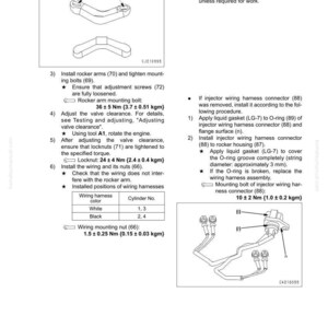 May include: A page from a manual detailing engine component installation. It includes diagrams of parts like rocker arms and wiring harnesses, along with torque specifications in Newton-meters and kilogram-meters. The text provides instructions for assembly and adjustment.