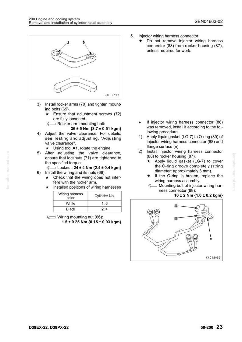 May include: A page from a manual detailing engine component installation. It includes diagrams of parts like rocker arms and wiring harnesses, along with torque specifications in Newton-meters and kilogram-meters. The text provides instructions for assembly and adjustment.