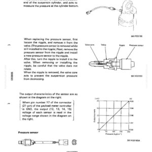 May include: Diagram of a pressure sensor with labels and a graph showing output characteristics. The text describes the sensor's function in measuring pressure and the replacement procedure. Includes measurements in kg/cm&sup2;.