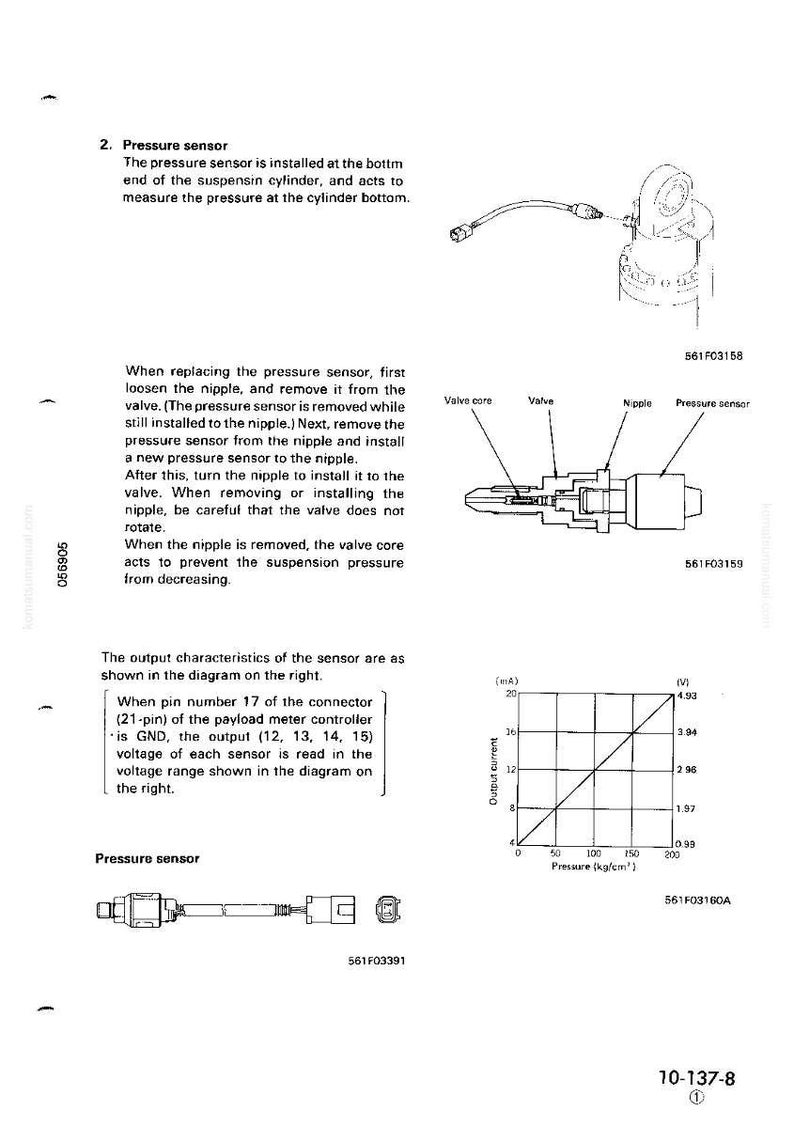 May include: Diagram of a pressure sensor with labels and a graph showing output characteristics. The text describes the sensor's function in measuring pressure and the replacement procedure. Includes measurements in kg/cm&sup2;.