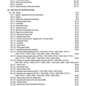 May include: A detailed table of contents from a technical manual, listing various engine-related procedures and checks. The document includes sections on alarms, engine components, and maintenance procedures, with page numbers.